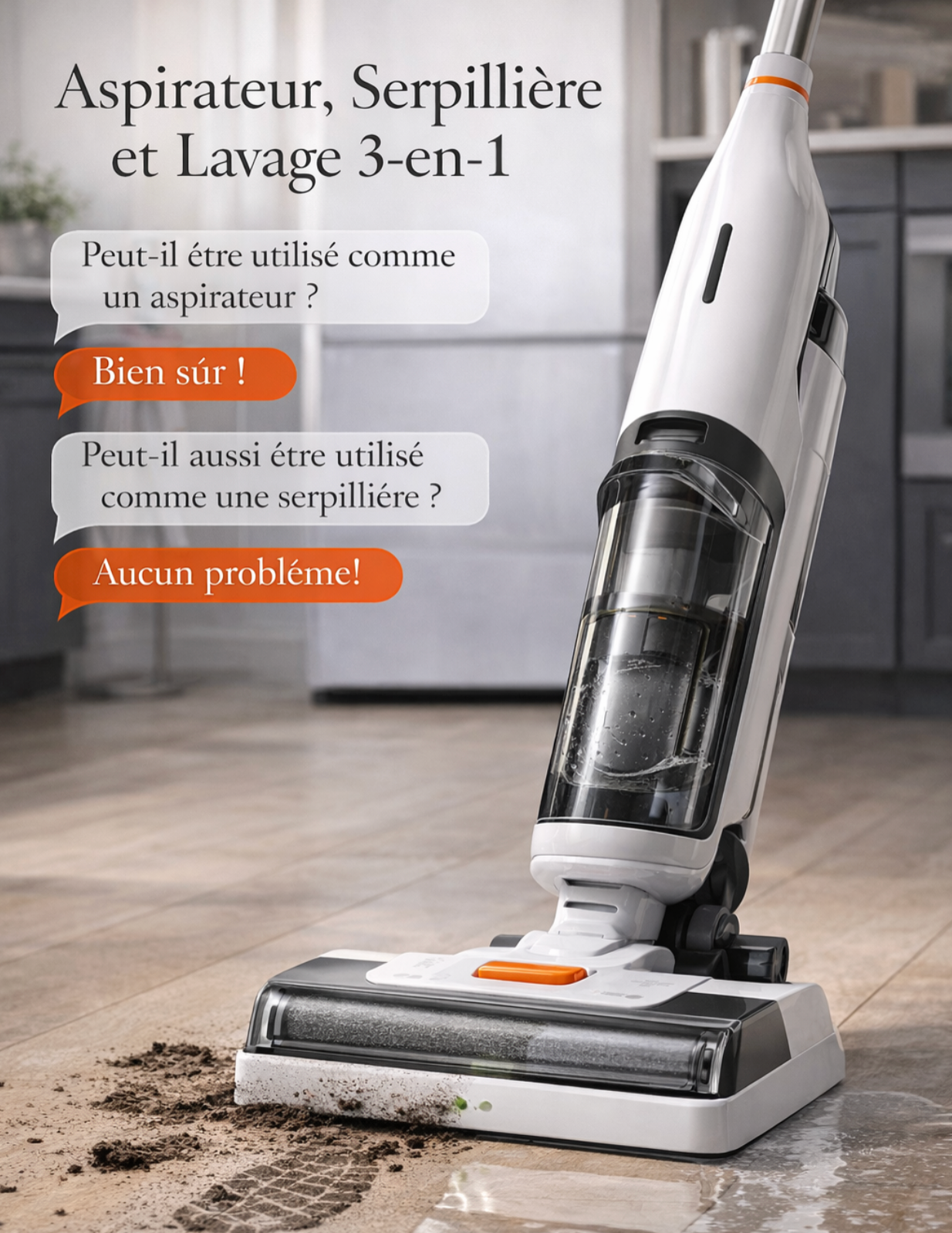 Aspirateur Laveur Sans Fil 3 en 1 – Aspirez et Lavez et Séchez en un seul passage